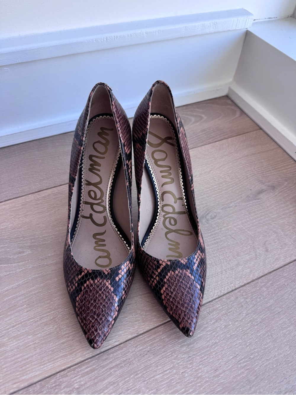 Sam Edelman Brown Snake-Print Pointed Toe Pumps